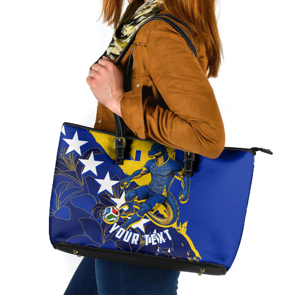 Personalized Bosnia And Herzegovina Football Dragon Mascot Leather Tote Bag Balkan Soccer Design With Floral Line Art