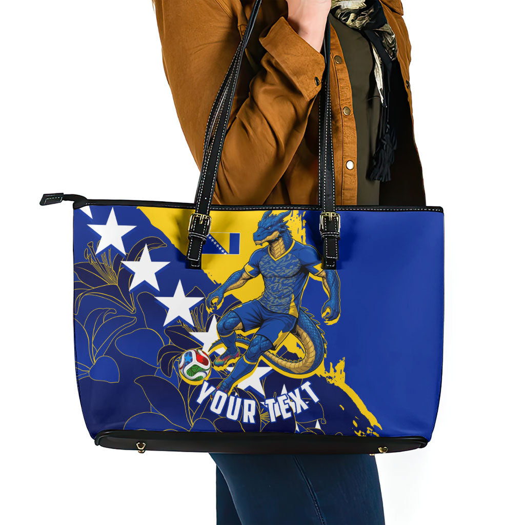 Personalized Bosnia And Herzegovina Football Dragon Mascot Leather Tote Bag Balkan Soccer Design With Floral Line Art