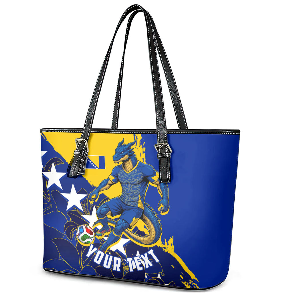 Personalized Bosnia And Herzegovina Football Dragon Mascot Leather Tote Bag Balkan Soccer Design With Floral Line Art