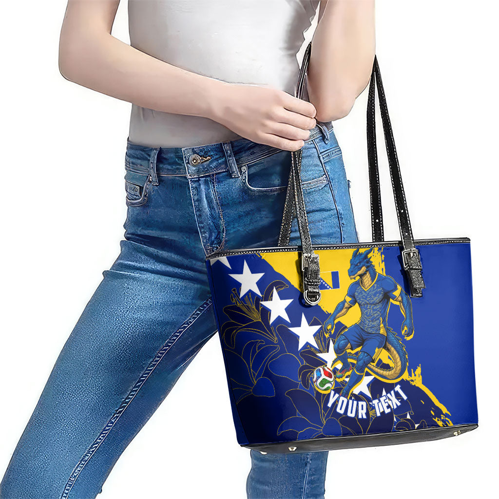 Personalized Bosnia And Herzegovina Football Dragon Mascot Leather Tote Bag Balkan Soccer Design With Floral Line Art