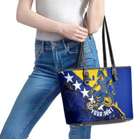 Personalized Bosnia And Herzegovina Football Dragon Mascot Leather Tote Bag Balkan Soccer Design With Floral Line Art