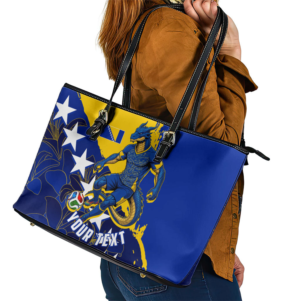 Personalized Bosnia And Herzegovina Football Dragon Mascot Leather Tote Bag Balkan Soccer Design With Floral Line Art