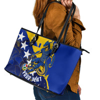 Personalized Bosnia And Herzegovina Football Dragon Mascot Leather Tote Bag Balkan Soccer Design With Floral Line Art