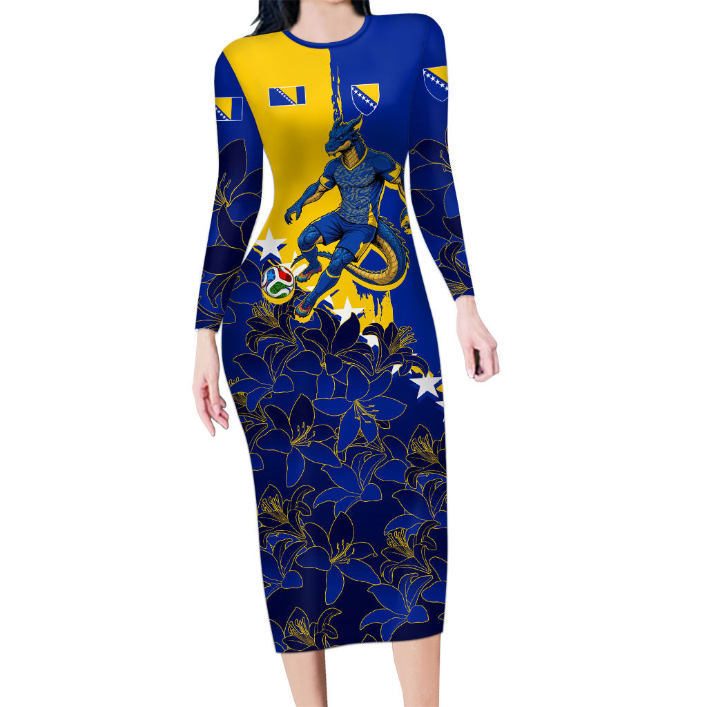 Personalized Bosnia And Herzegovina Football Dragon Mascot Long Sleeve Bodycon Dress Balkan Soccer Design With Floral Line Art