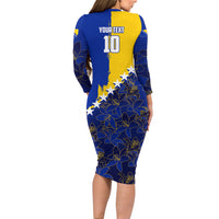 Personalized Bosnia And Herzegovina Football Dragon Mascot Long Sleeve Bodycon Dress Balkan Soccer Design With Floral Line Art
