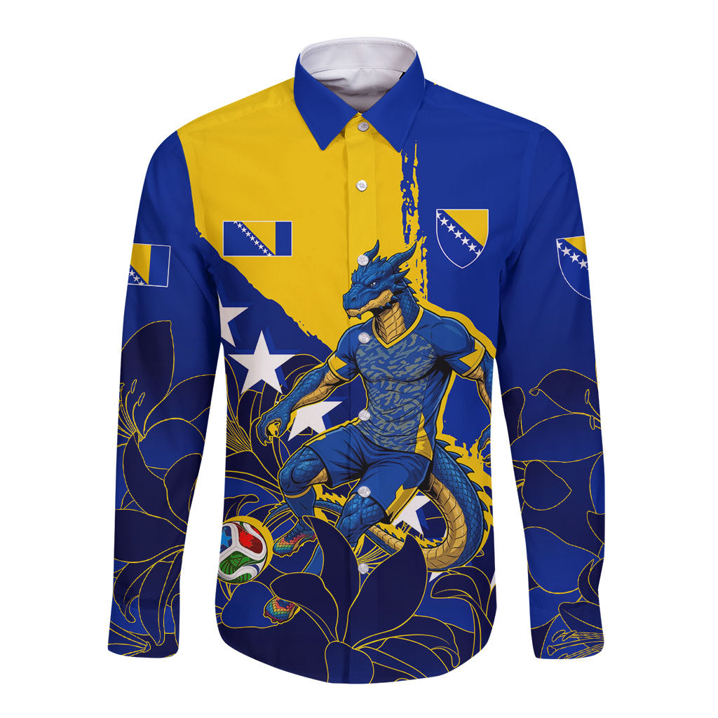 Personalized Bosnia And Herzegovina Football Dragon Mascot Long Sleeve Button Shirt Balkan Soccer Design With Floral Line Art