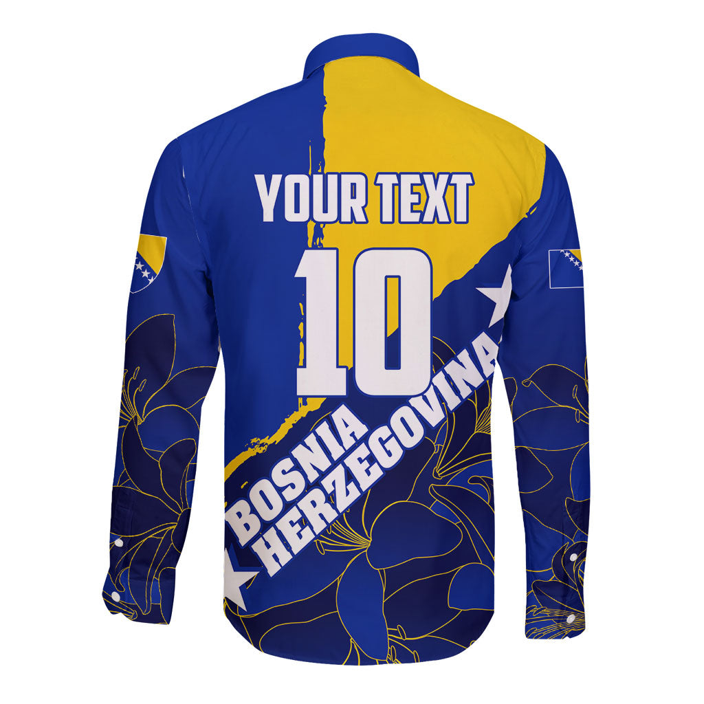 Personalized Bosnia And Herzegovina Football Dragon Mascot Long Sleeve Button Shirt Balkan Soccer Design With Floral Line Art