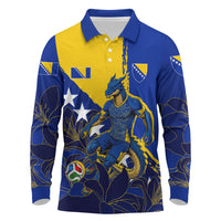 Personalized Bosnia And Herzegovina Football Dragon Mascot Long Sleeve Polo Shirt Balkan Soccer Design With Floral Line Art