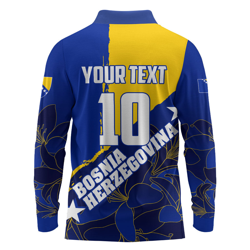 Personalized Bosnia And Herzegovina Football Dragon Mascot Long Sleeve Polo Shirt Balkan Soccer Design With Floral Line Art