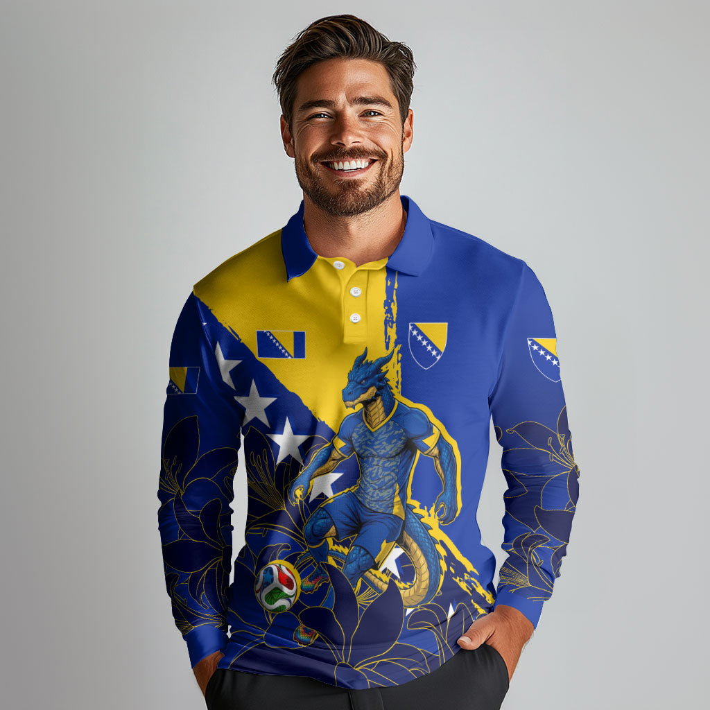 Personalized Bosnia And Herzegovina Football Dragon Mascot Long Sleeve Polo Shirt Balkan Soccer Design With Floral Line Art