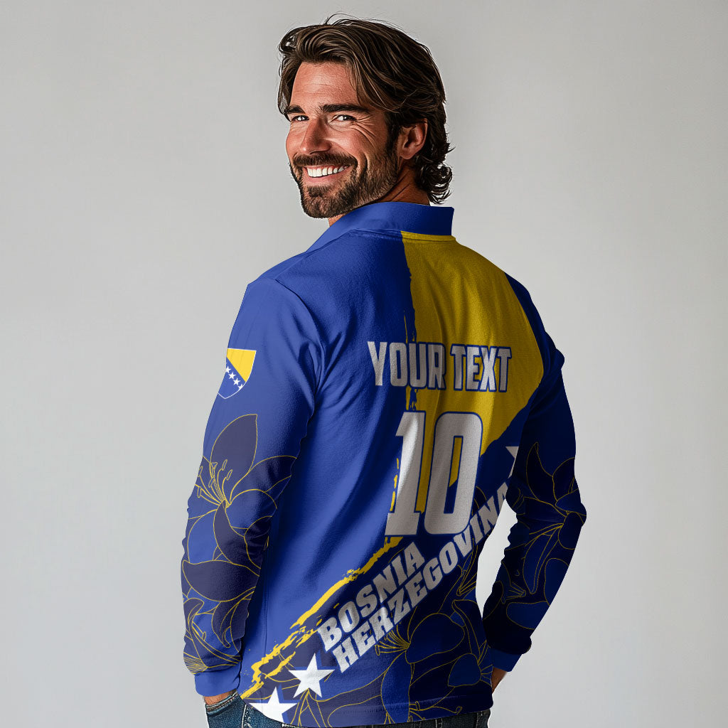 Personalized Bosnia And Herzegovina Football Dragon Mascot Long Sleeve Polo Shirt Balkan Soccer Design With Floral Line Art