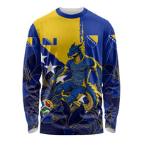 Personalized Bosnia And Herzegovina Football Dragon Mascot Long Sleeve Shirt Balkan Soccer Design With Floral Line Art