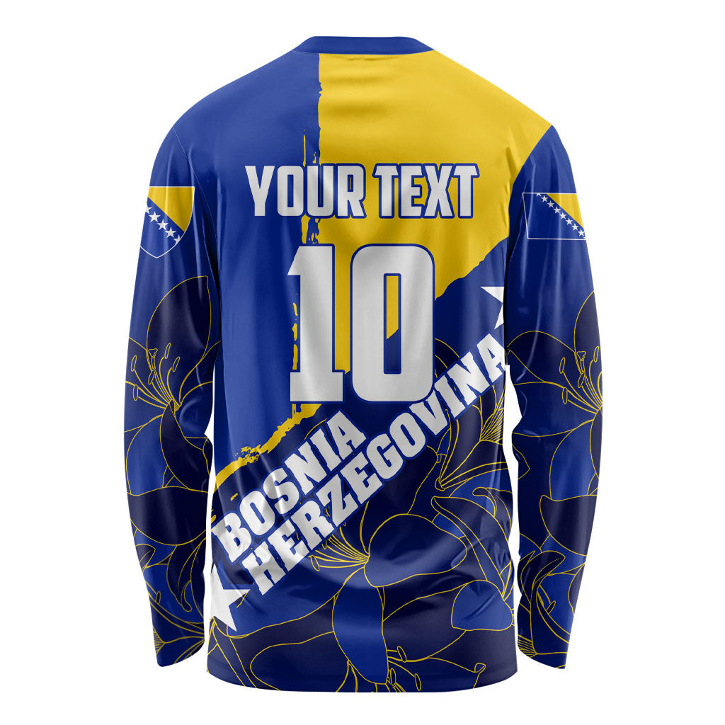 Personalized Bosnia And Herzegovina Football Dragon Mascot Long Sleeve Shirt Balkan Soccer Design With Floral Line Art
