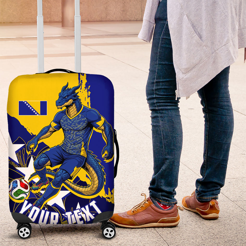 Personalized Bosnia And Herzegovina Football Dragon Mascot Luggage Cover Balkan Soccer Design With Floral Line Art