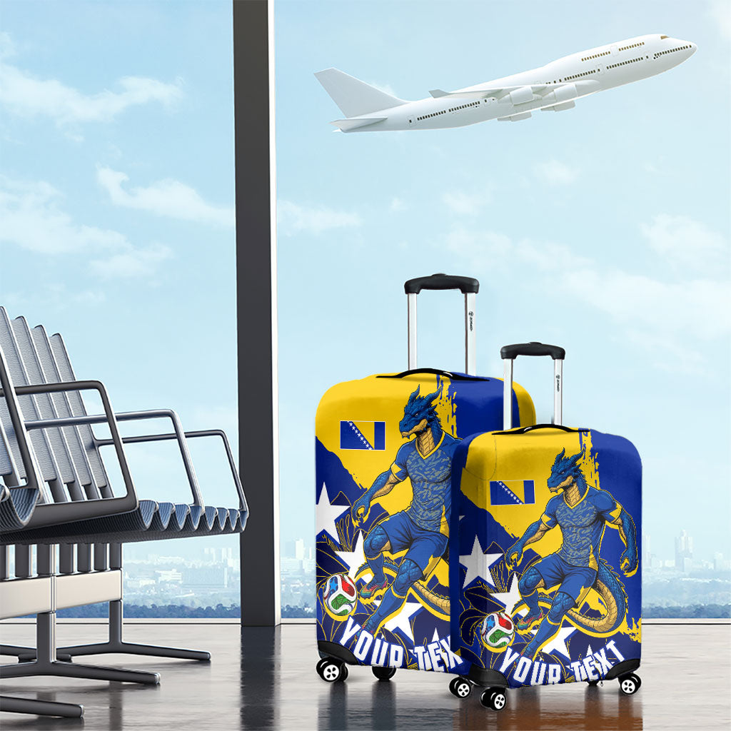 Personalized Bosnia And Herzegovina Football Dragon Mascot Luggage Cover Balkan Soccer Design With Floral Line Art