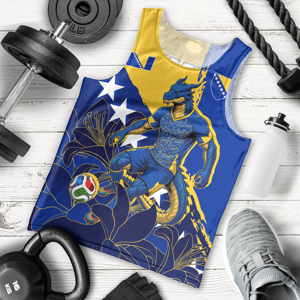 Personalized Bosnia And Herzegovina Football Dragon Mascot Men Tank Top Balkan Soccer Design With Floral Line Art