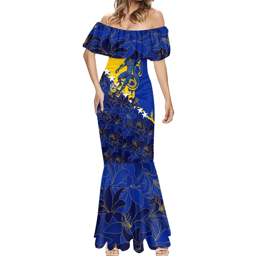 Personalized Bosnia And Herzegovina Football Dragon Mascot Mermaid Dress Balkan Soccer Design With Floral Line Art