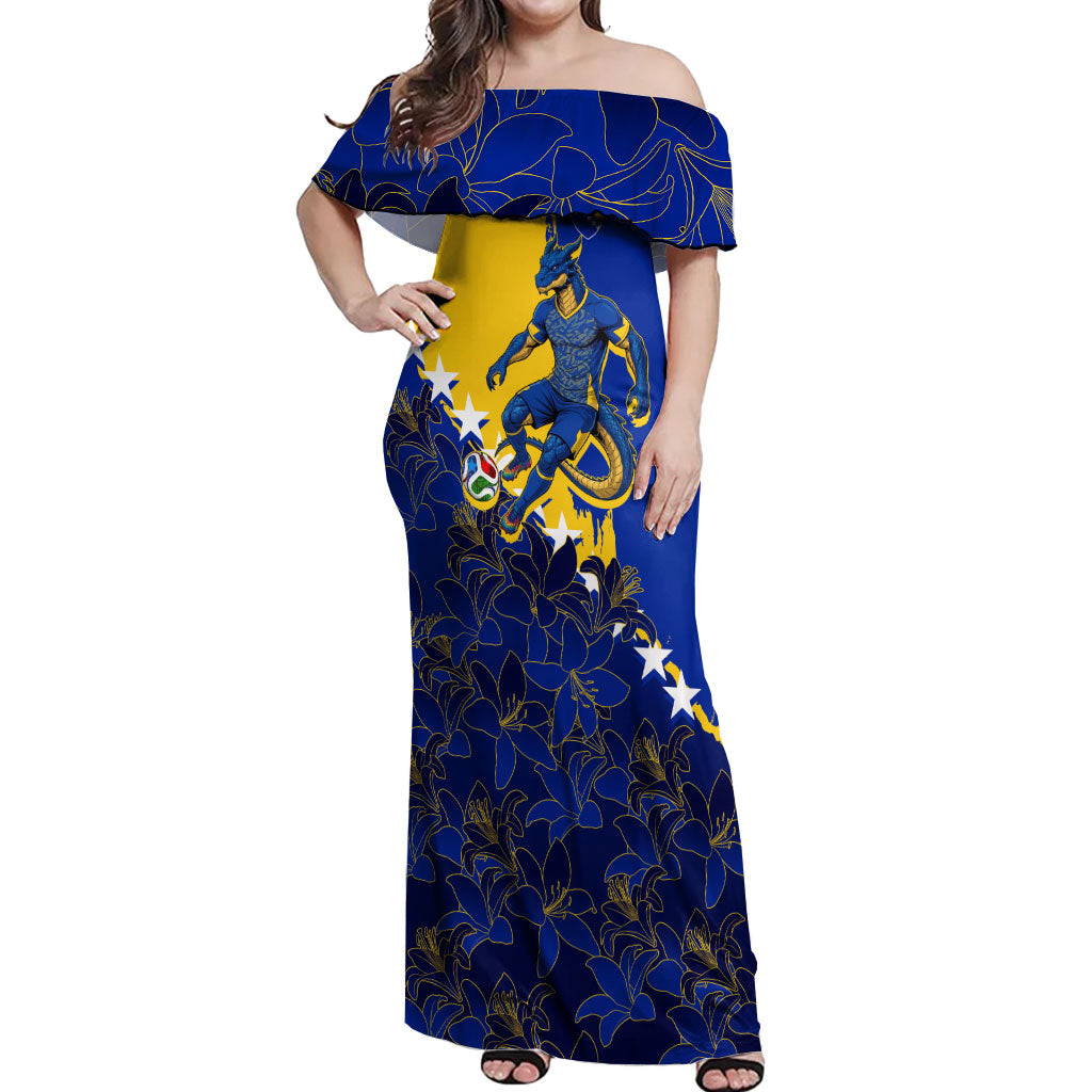 Personalized Bosnia And Herzegovina Football Dragon Mascot Off Shoulder Maxi Dress Balkan Soccer Design With Floral Line Art