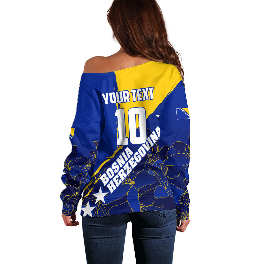 Personalized Bosnia And Herzegovina Football Dragon Mascot Off Shoulder Sweater Balkan Soccer Design With Floral Line Art