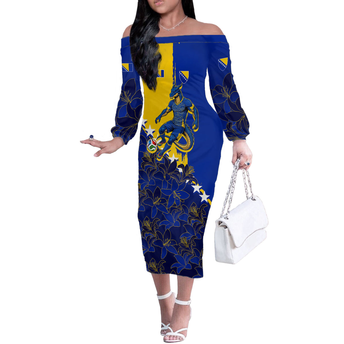 Personalized Bosnia And Herzegovina Football Dragon Mascot Off The Shoulder Long Sleeve Dress Balkan Soccer Design With Floral Line Art