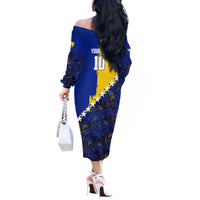 Personalized Bosnia And Herzegovina Football Dragon Mascot Off The Shoulder Long Sleeve Dress Balkan Soccer Design With Floral Line Art