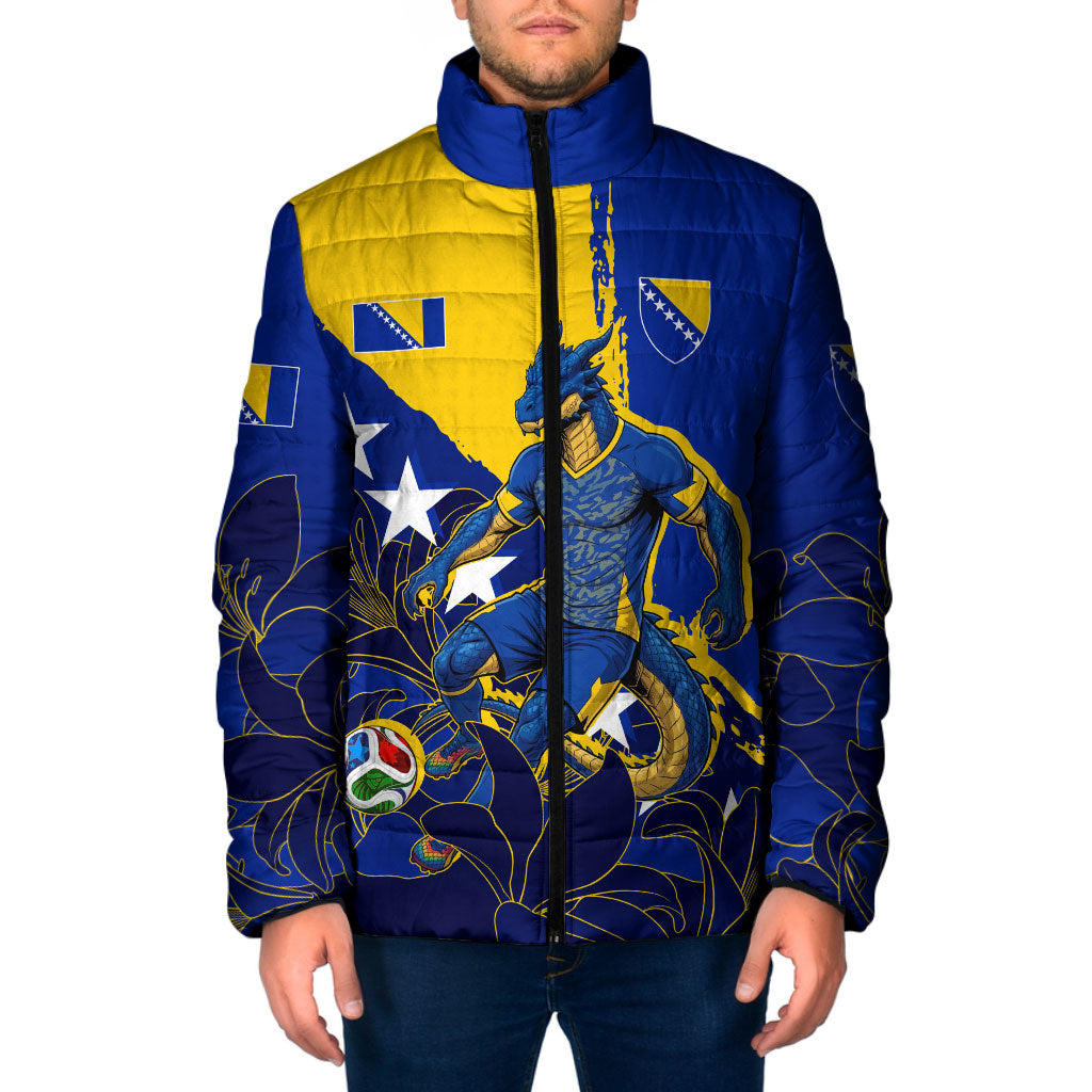 Personalized Bosnia And Herzegovina Football Dragon Mascot Padded Jacket Balkan Soccer Design With Floral Line Art