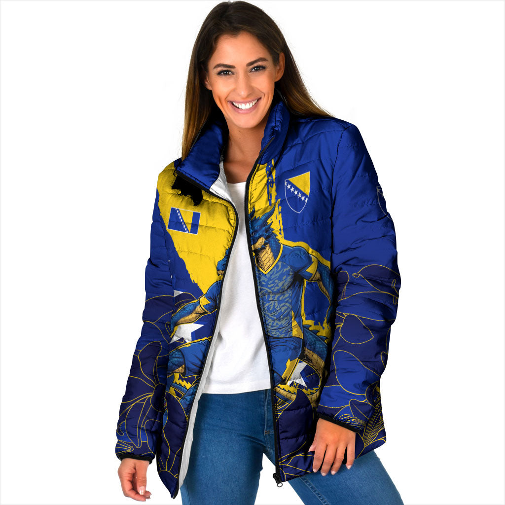 Personalized Bosnia And Herzegovina Football Dragon Mascot Padded Jacket Balkan Soccer Design With Floral Line Art