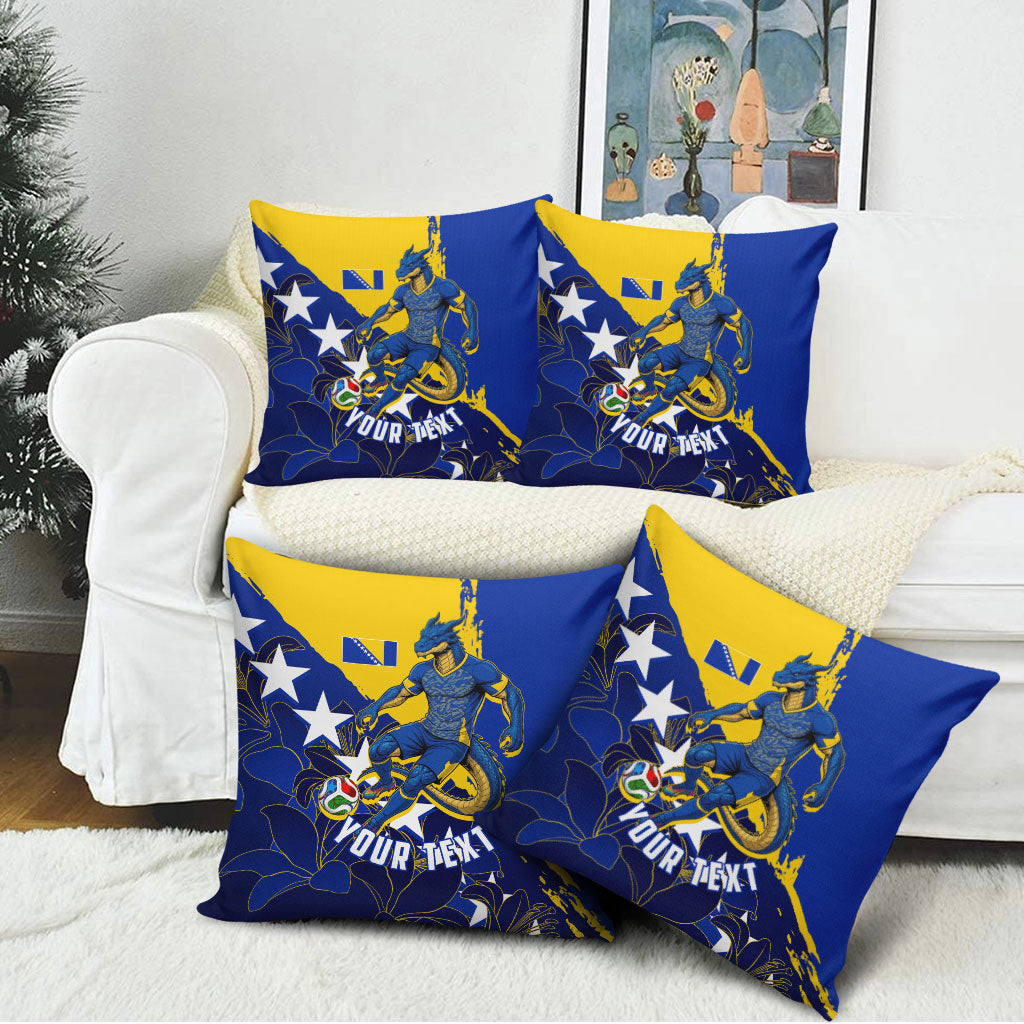 Personalized Bosnia And Herzegovina Football Dragon Mascot Pillow Cover Balkan Soccer Design With Floral Line Art