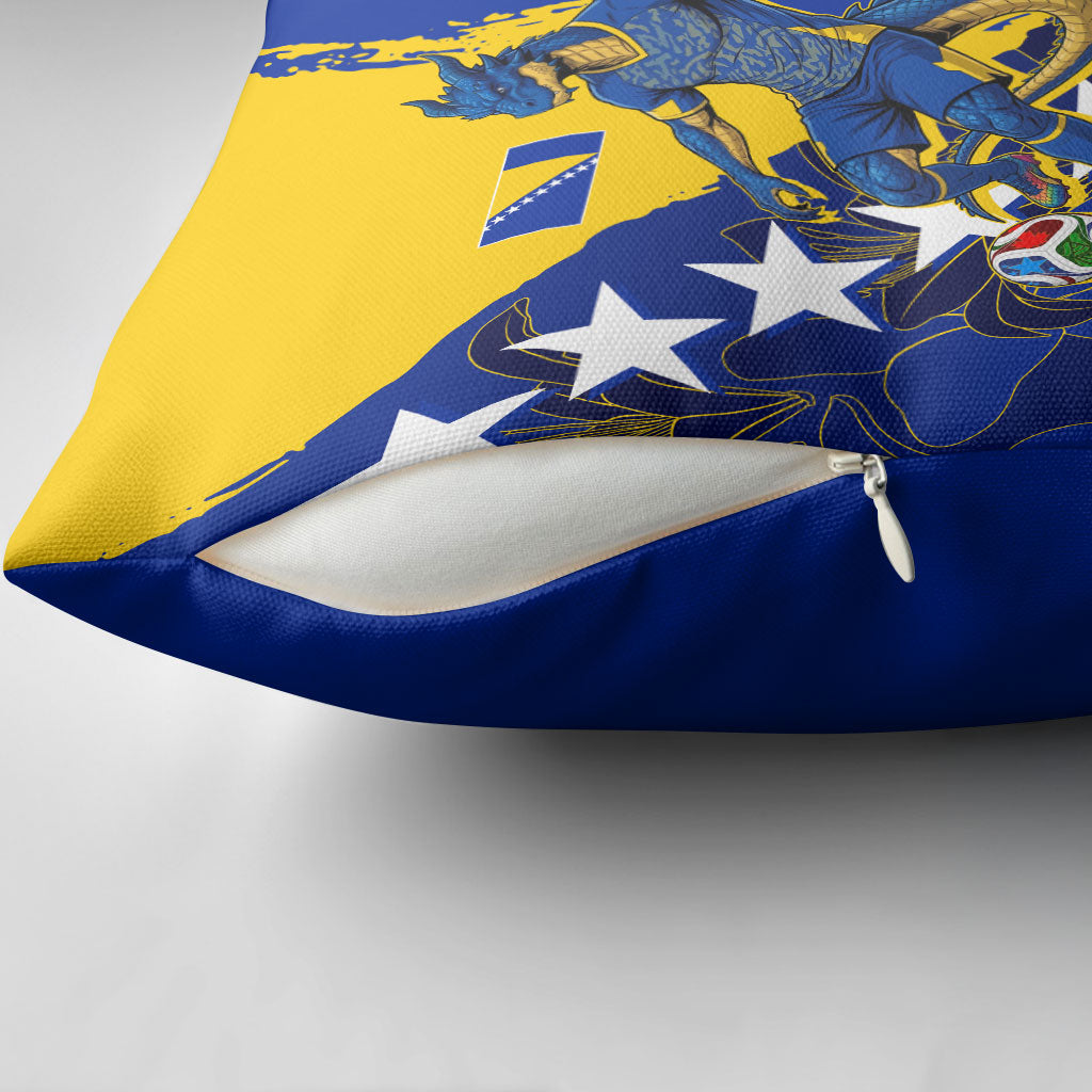 Personalized Bosnia And Herzegovina Football Dragon Mascot Pillow Cover Balkan Soccer Design With Floral Line Art