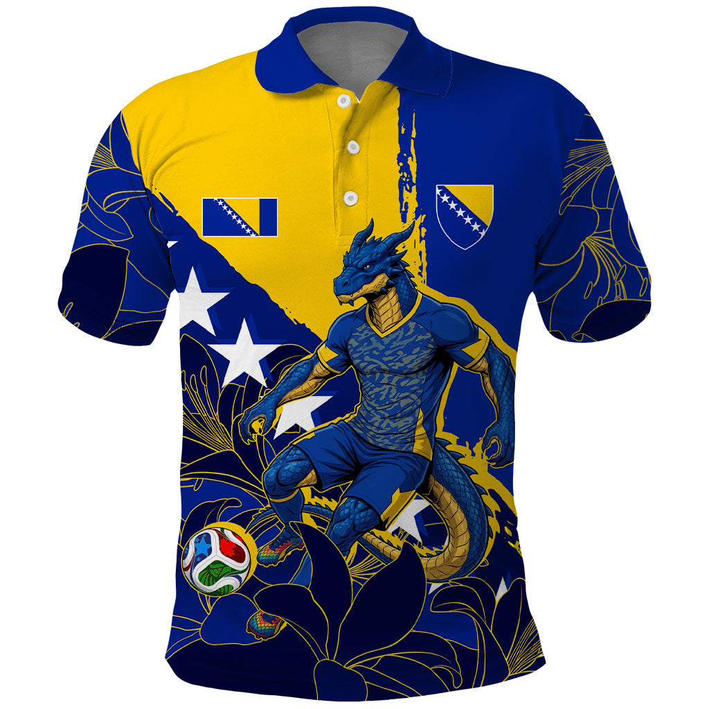 Personalized Bosnia And Herzegovina Football Dragon Mascot Polo Shirt Balkan Soccer Design With Floral Line Art
