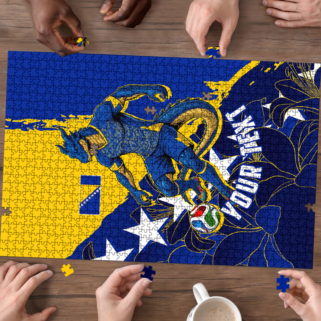 Personalized Bosnia And Herzegovina Football Dragon Mascot Puzzle Balkan Soccer Design With Floral Line Art