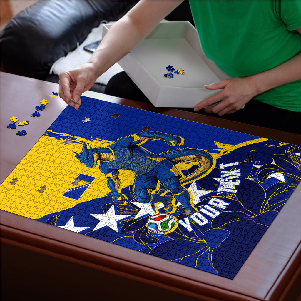Personalized Bosnia And Herzegovina Football Dragon Mascot Puzzle Balkan Soccer Design With Floral Line Art