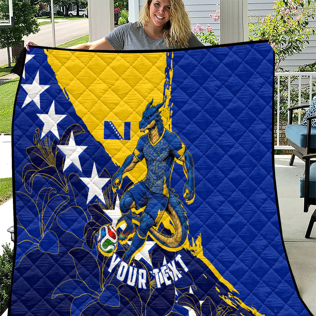 Personalized Bosnia And Herzegovina Football Dragon Mascot Quilt Balkan Soccer Design With Floral Line Art