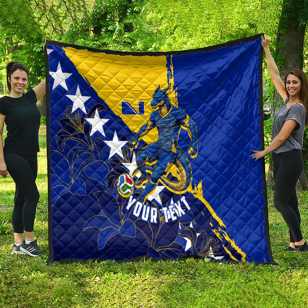 Personalized Bosnia And Herzegovina Football Dragon Mascot Quilt Balkan Soccer Design With Floral Line Art