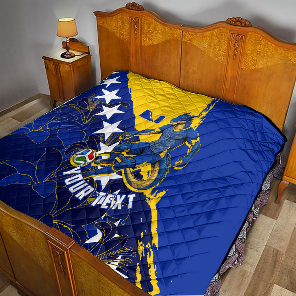 Personalized Bosnia And Herzegovina Football Dragon Mascot Quilt Balkan Soccer Design With Floral Line Art