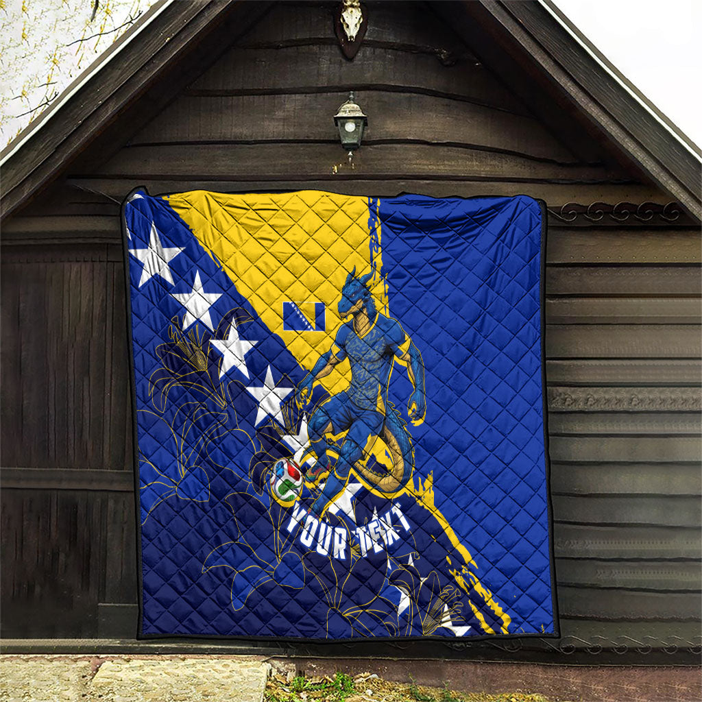 Personalized Bosnia And Herzegovina Football Dragon Mascot Quilt Balkan Soccer Design With Floral Line Art