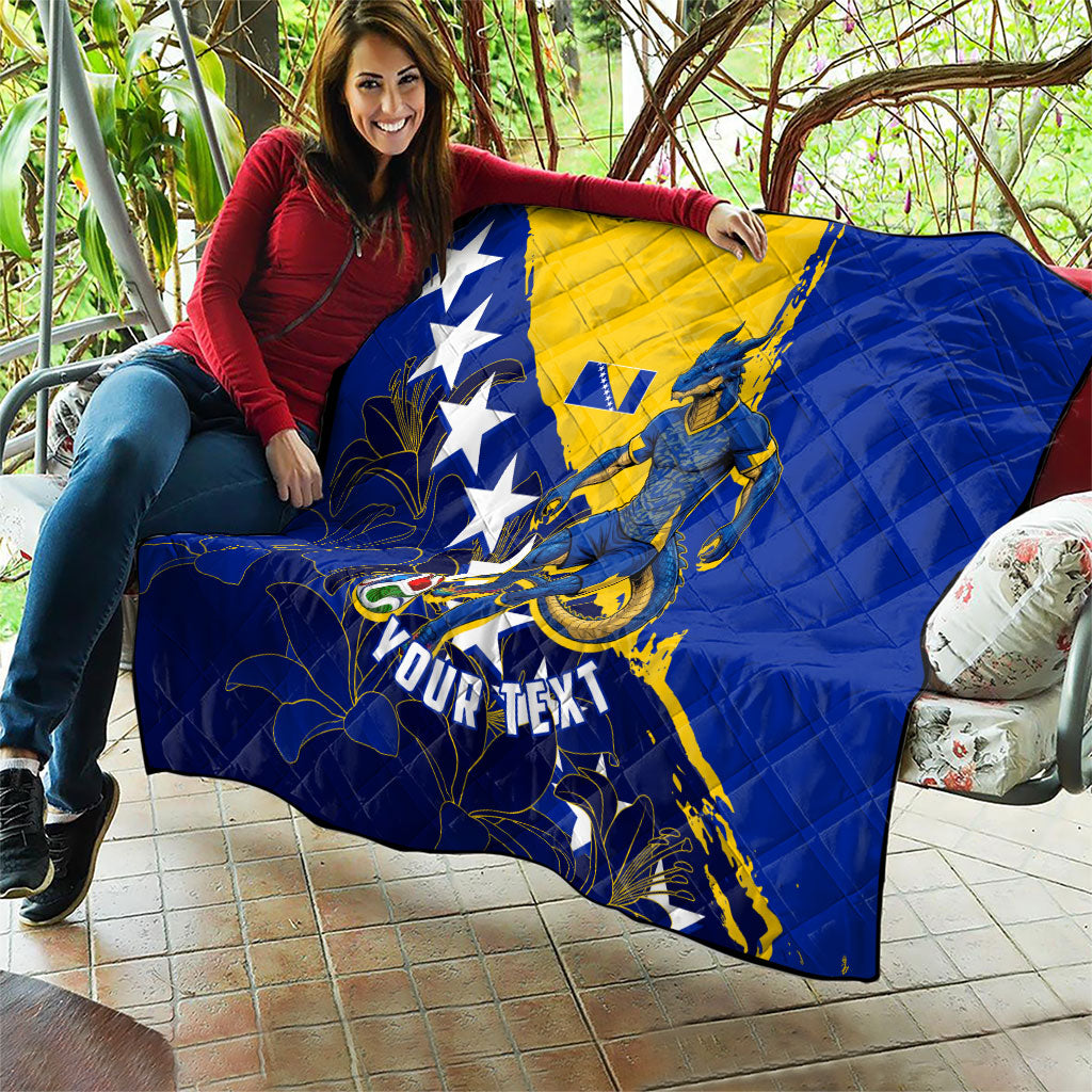 Personalized Bosnia And Herzegovina Football Dragon Mascot Quilt Balkan Soccer Design With Floral Line Art
