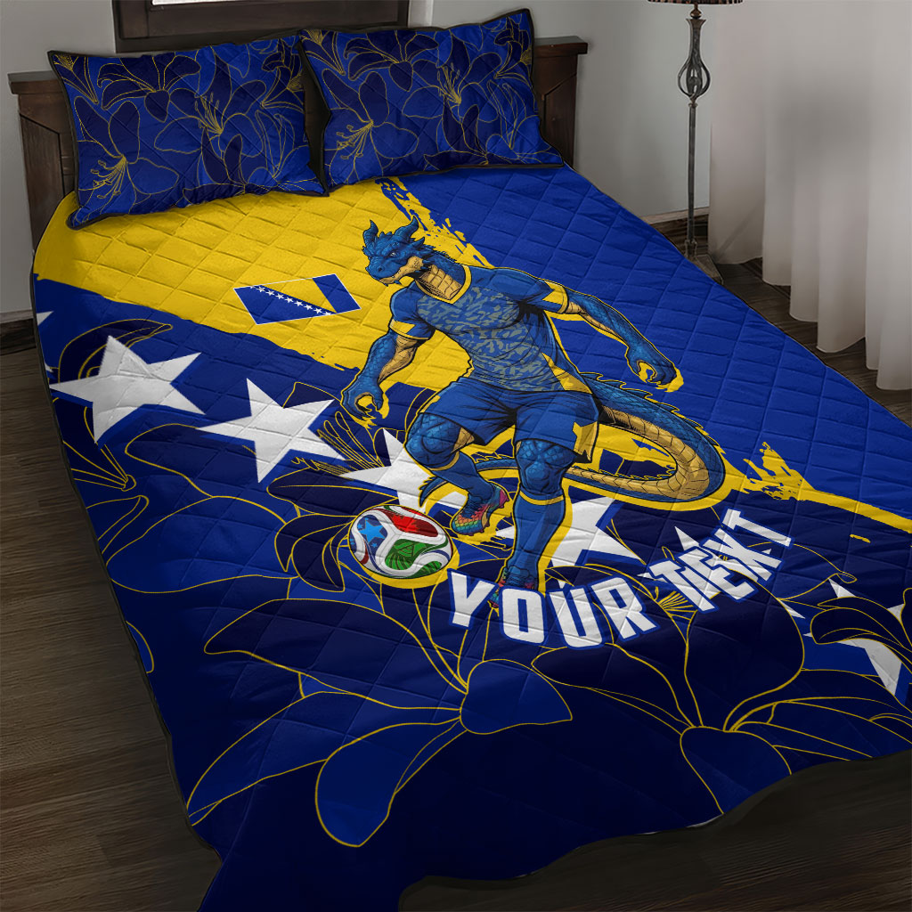 Personalized Bosnia And Herzegovina Football Dragon Mascot Quilt Bed Set Balkan Soccer Design With Floral Line Art