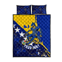 Personalized Bosnia And Herzegovina Football Dragon Mascot Quilt Bed Set Balkan Soccer Design With Floral Line Art