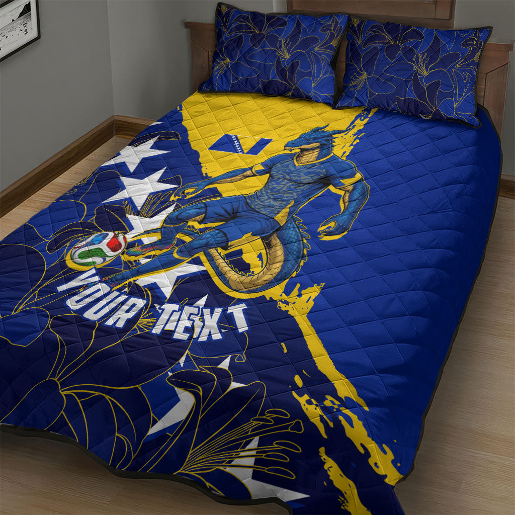 Personalized Bosnia And Herzegovina Football Dragon Mascot Quilt Bed Set Balkan Soccer Design With Floral Line Art
