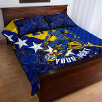 Personalized Bosnia And Herzegovina Football Dragon Mascot Quilt Bed Set Balkan Soccer Design With Floral Line Art