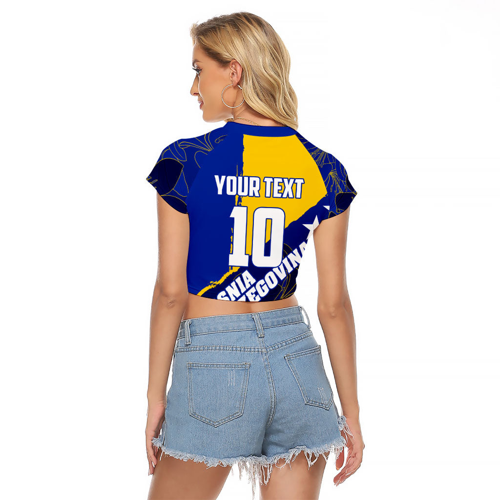 Personalized Bosnia And Herzegovina Football Dragon Mascot Raglan Cropped T Shirt Balkan Soccer Design With Floral Line Art