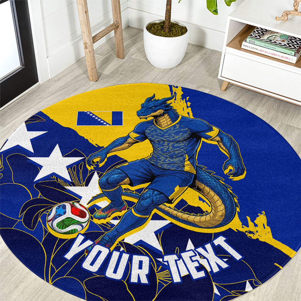 Personalized Bosnia And Herzegovina Football Dragon Mascot Round Carpet Balkan Soccer Design With Floral Line Art