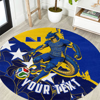 Personalized Bosnia And Herzegovina Football Dragon Mascot Round Carpet Balkan Soccer Design With Floral Line Art