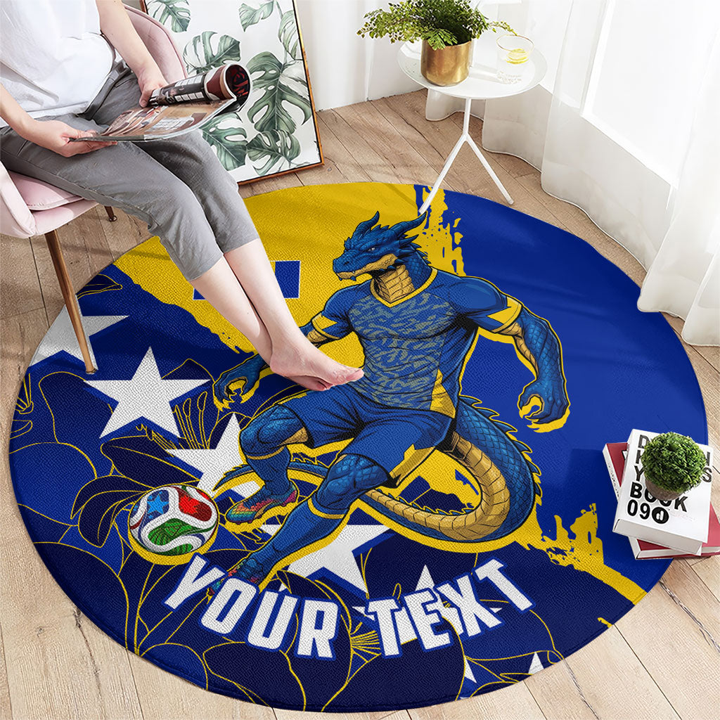 Personalized Bosnia And Herzegovina Football Dragon Mascot Round Carpet Balkan Soccer Design With Floral Line Art