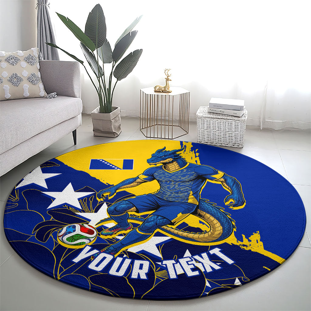 Personalized Bosnia And Herzegovina Football Dragon Mascot Round Carpet Balkan Soccer Design With Floral Line Art