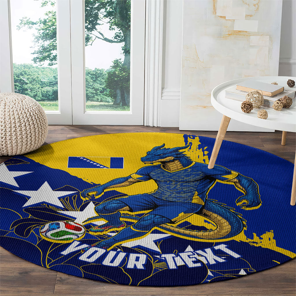 Personalized Bosnia And Herzegovina Football Dragon Mascot Round Carpet Balkan Soccer Design With Floral Line Art