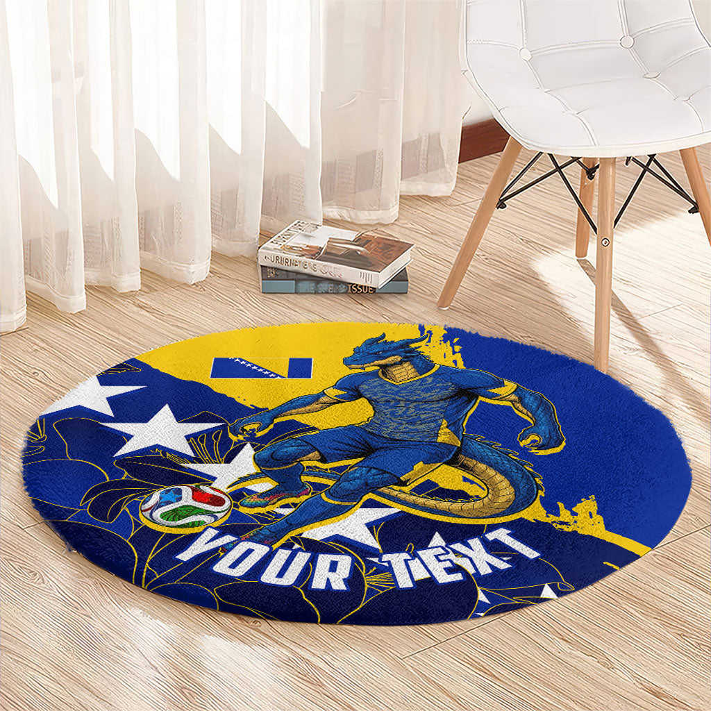 Personalized Bosnia And Herzegovina Football Dragon Mascot Round Carpet Balkan Soccer Design With Floral Line Art