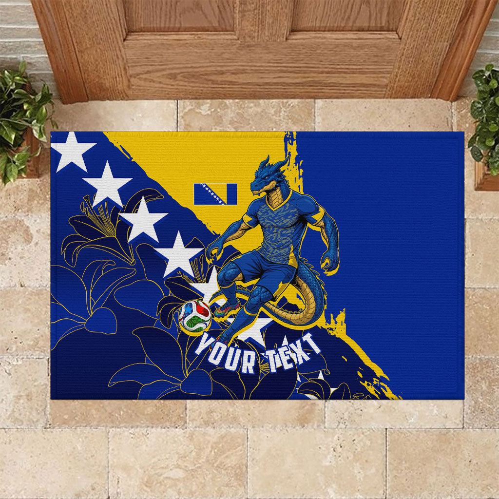 Personalized Bosnia And Herzegovina Football Dragon Mascot Rubber Doormat Balkan Soccer Design With Floral Line Art