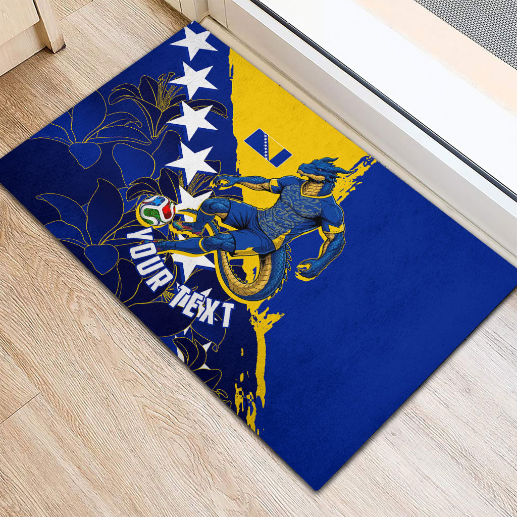 Personalized Bosnia And Herzegovina Football Dragon Mascot Rubber Doormat Balkan Soccer Design With Floral Line Art